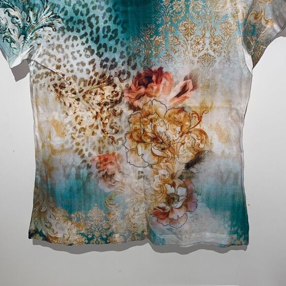 Christopher & Banks Women's Teal Gold Embellished Short Sleeve T-Shirt Small - Picture 7 of 7